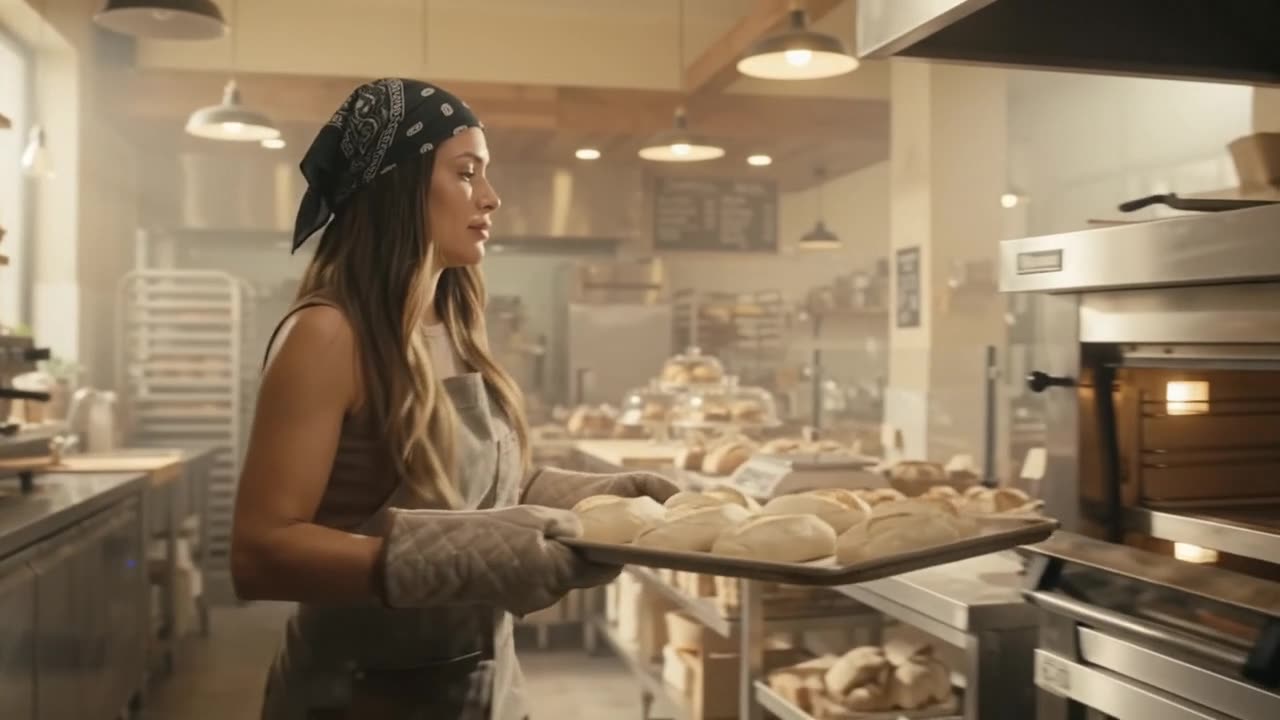 Padeira colocando pães em forno elétrico